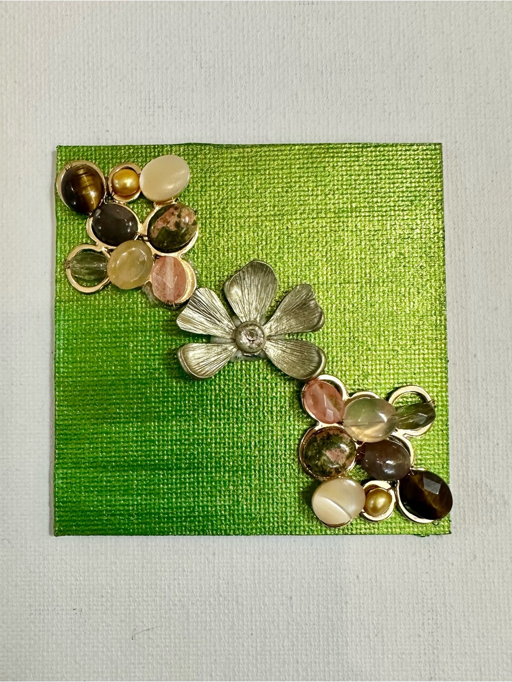 Handmade Green Floral Gemstone Mixed Media Magnet 3x3